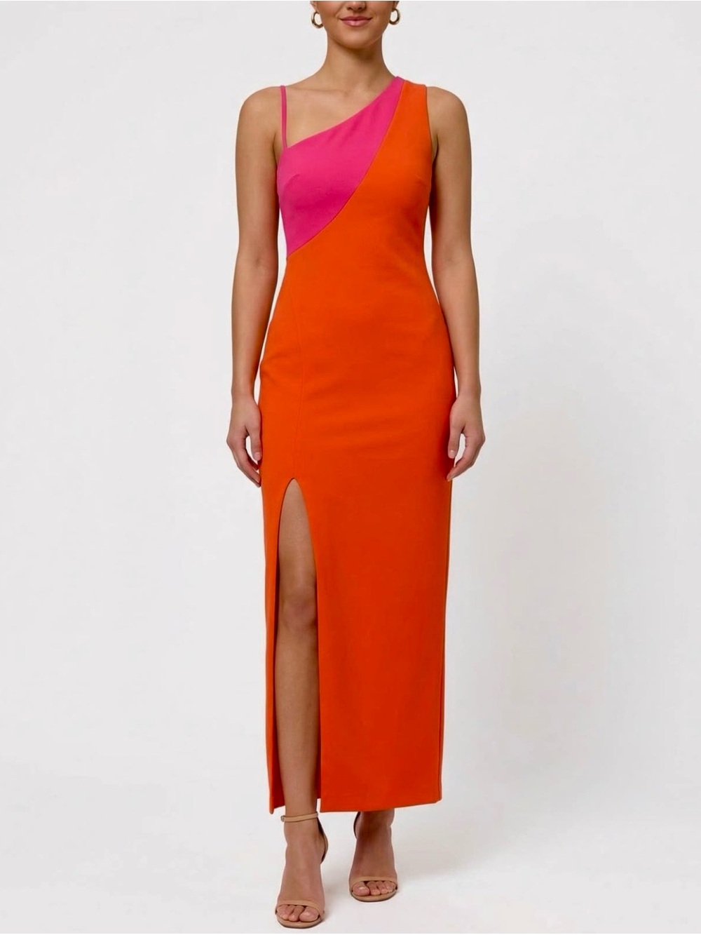 Rachel Roy Devin One Shoulder High Slit Red Orange Pink Colorblock Maxi Gown